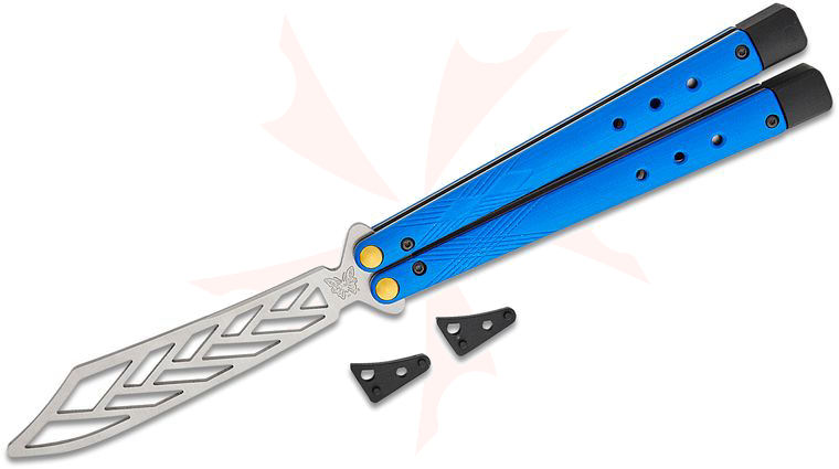 Benchmade 99T Necron Balisong Butterfly Trainer Knife 4.59 inch 440C Unsharpened Scimitar Blade, Blue G10 Handles, User-Adjustable, Nylon Pouch