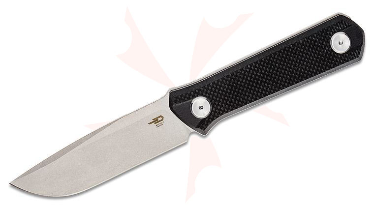 Bestech Knives Ostap Hel Hedron Fixed Blade Knife 3.78 inch D2 Stonewashed Drop Point, Black G10 Handles, Kydex Sheath
