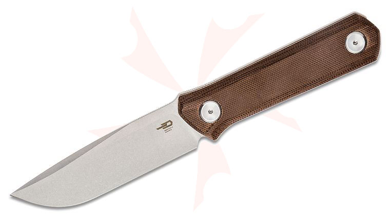 Bestech Knives Ostap Hel Hedron Fixed Blade Knife 3.78 inch D2 Stonewashed Drop Point, Brown Micarta Handles, Kydex Sheath