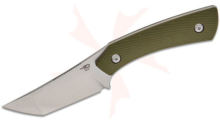 Bestech Knives Denis Simonutti Step Fixed Blade Knife 3.19 inch D2 Stonewashed Tanto Blade, Milled Green G10 Handles, Kydex Sheath