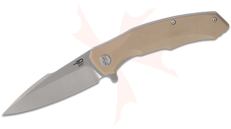 Bestech Knives Warwolf Flipper Knife 3.5 inch D2 Two-Tone Satin/Stonewashed Blade, Tan G10 Handles