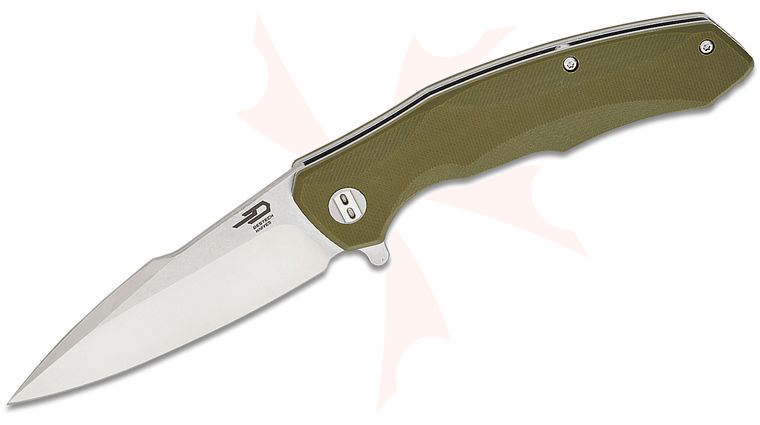 Bestech Knives Warwolf Flipper Knife 3.5 inch D2 Two-Tone Satin/Stonewashed Blade, Green G10 Handles