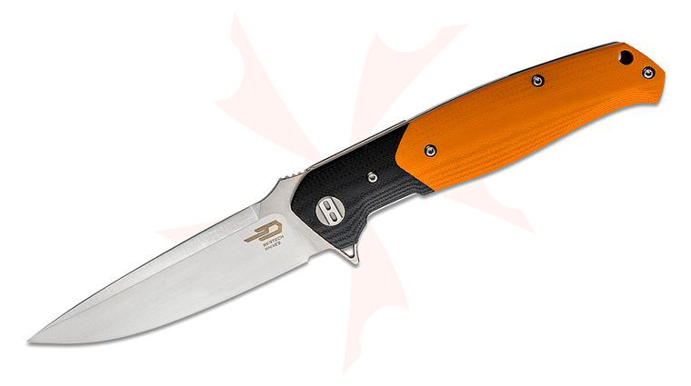 Bestech Knives Swordfish Flipper Knife 4 inch D2 Satin Blade, Orange and Black G10 Handles