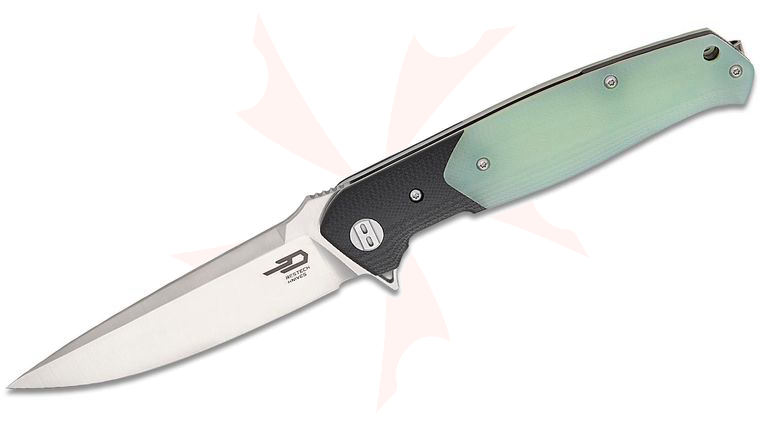 Bestech Knives Swordfish Flipper Knife 4 inch D2 Satin Blade, Natural (Jade) and Black G10 Handles