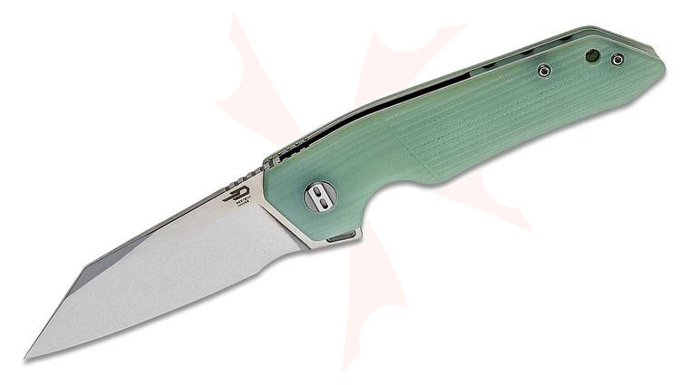 Bestech Knives Barracuda Flipper Knife 3.5 inch D2 Satin/Stonewashed Two-Tone Modified Wharncliffe Blade, Translucent Green (Jade) G10 Handles