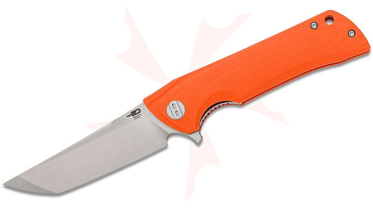 Bestech Knives Paladin Tanto Flipper Knife 3.58 inch D2 Two-Tone Satin/Stonewashed Tanto Blade, Orange G10 Handles