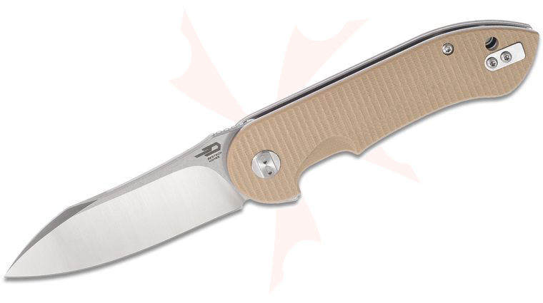 Bestech Knives Torpedo Flipper Knife 3.125 inch D2 Satin/Stonewashed Two-Tone Blade, Textured Beige G10 Handles