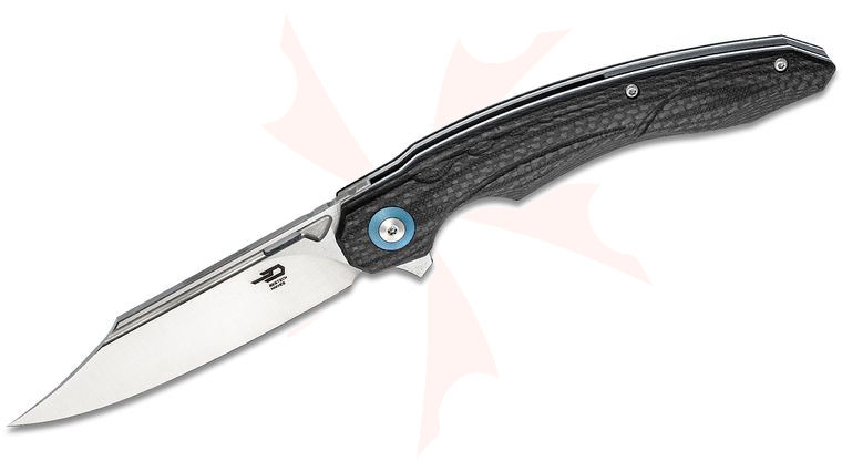 Bestech Knives Fanga Flipper Knife 4.02 inch D2 Satin Clip Point Blade, Black G10 & Carbon Fiber Handles