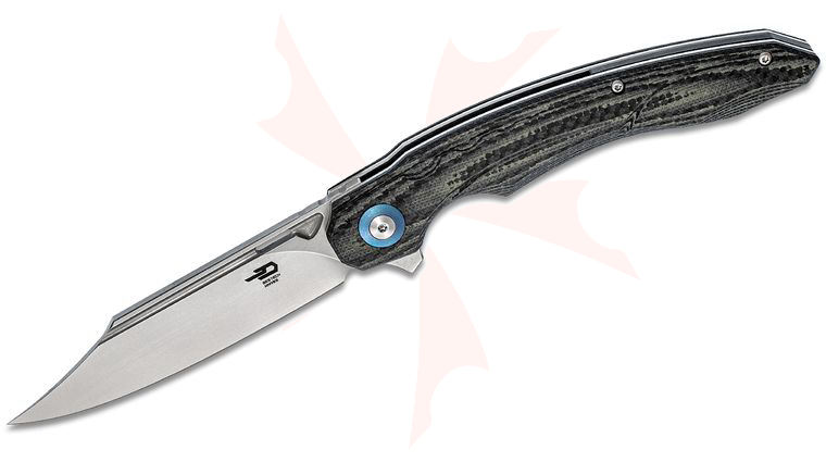 Bestech Knives Fanga Flipper Knife 4.02 inch D2 Satin Clip Point Blade, Beige G10 & Carbon Fiber Handles