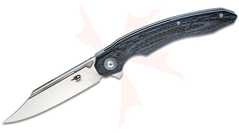 Bestech Knives Fanga Flipper Knife 4.02 inch D2 Satin Clip Point Blade, Blue G10 & Carbon Fiber Handles