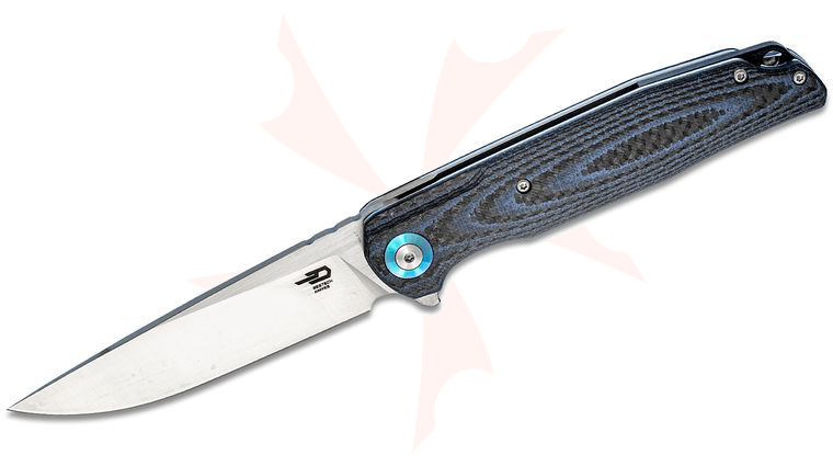 Bestech Knives Ascot Flipper Knife 3.9 inch D2 Satin Drop Point Blade, Blue G10 & Carbon Fiber Handles