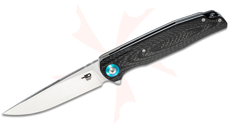 Bestech Knives Ascot Flipper Knife 3.9 inch D2 Satin Drop Point Blade, Black G10 & Carbon Fiber Handles