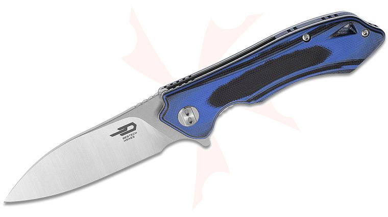 Bestech Knives Beluga Flipper Knife 3.125 inch D2 Satin/Stonewashed Two-Tone Blade, Black/Blue G10 Handles