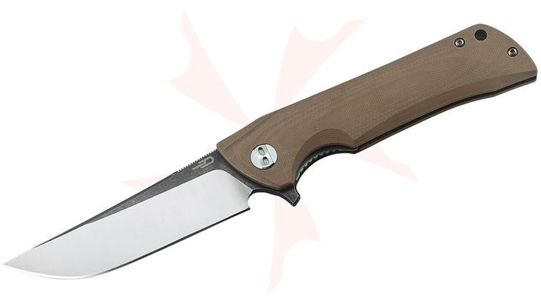 Bestech Knives Paladin Flipper Knife 3.62 inch D2 Two-Tone Satin/Black Blade, Beige G10 Handles
