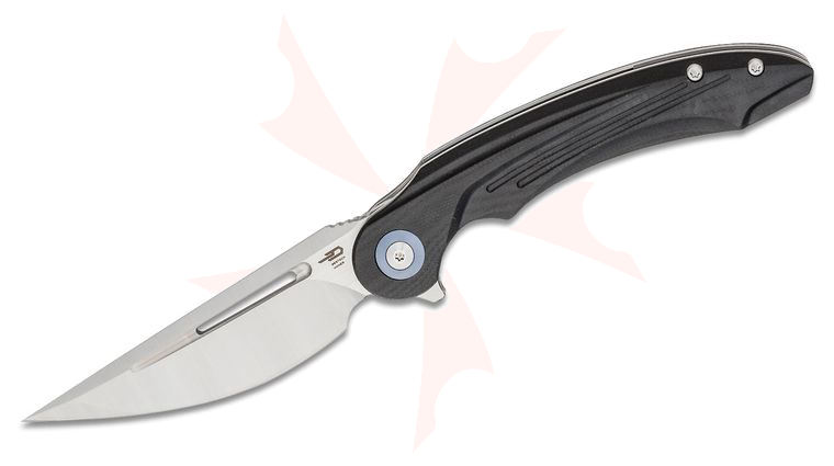 Bestech Knives Kombou Irida Flipper Knife 3.82 inch 14C28N Straight Back Blade, Milled Black G10 Handles