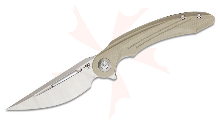 Bestech Knives Kombou Irida Flipper Knife 3.82 inch 14C28N Straight Back Blade, Milled Beige G10 Handles