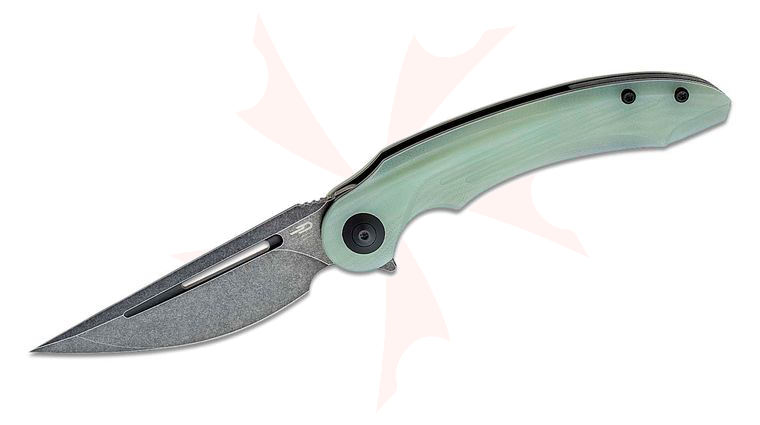 Bestech Knives Kombou Irida Flipper Knife 3.82 inch 14C28N Black Stonewashed Straight Back Blade, Milled Translucent Green G10 Handles