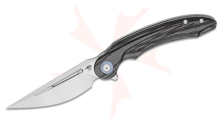 Bestech Knives Kombou Irida Flipper Knife 3.82 inch 14C28N Straight Back Blade, Milled Black Carbon Fiber/G10 Handles