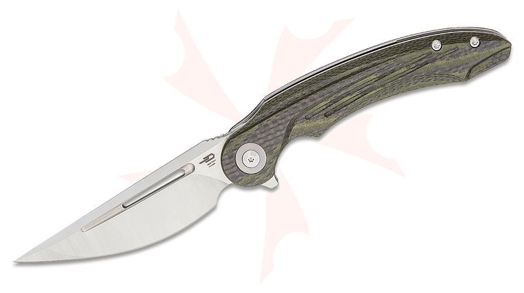 Bestech Knives Kombou Irida Flipper Knife 3.82 inch 14C28N Straight Back Blade, Milled Green Carbon Fiber/G10 Handles