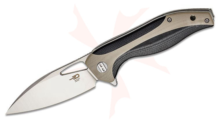 Bestech Knives Komodo Flipper Knife 3.35 inch D2 Sheepsfoot Blade, Beige and Black G10 Handles