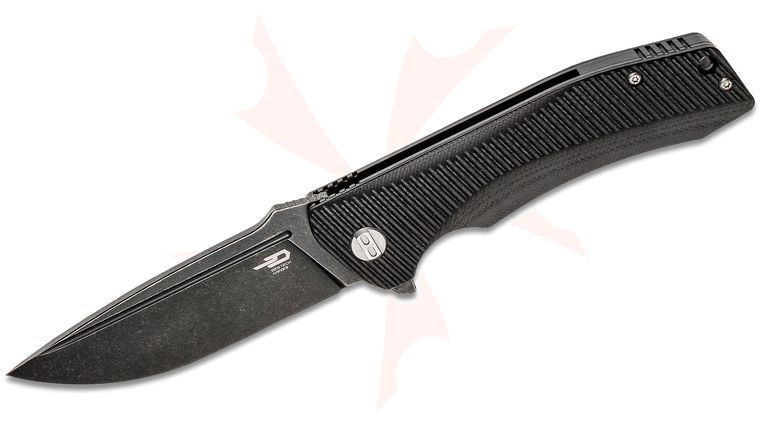 Bestech Knives Mako Flipper Knife 3.74 inch K110 (D2) Black Stonewashed Drop Point Blade, Milled Black G10 Handles