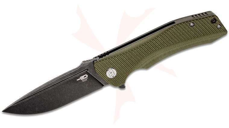 Bestech Knives Mako Flipper Knife 3.74 inch K110 (D2) Black Stonewashed Drop Point Blade, Milled OD Green G10 Handles