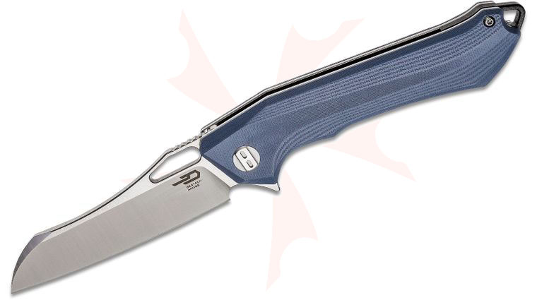 Bestech Knives Platypus Flipper Knife 3.43 inch D2 Two-Tone Sheepsfoot Blade, Milled Gray (Blue) G10 Handles