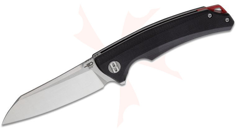 Bestech Knives Texel Flipper Knife 3.23 inch D2 Two-Tone Satin/Stonewash Sheepsfoot Blade, Black G10 Handles w/ Red Backspacer