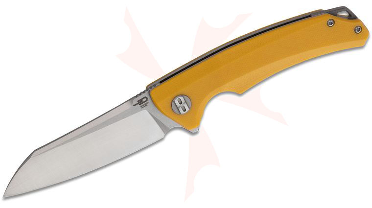 Bestech Knives Texel Flipper Knife 3.23 inch D2 Two-Tone Satin/Stonewash Sheepsfoot Blade, Yellow G10 Handles w/ Gray Backspacer