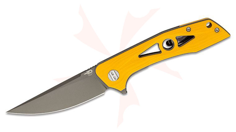 Bestech Knives Eye of Ra Flipper Knife 3.38 inch D2 Gray Titanium Blade, Milled Yellow G10 Handles