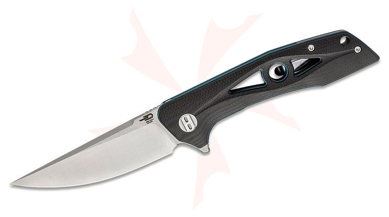Bestech Knives Eye of Ra Flipper Knife 3.38 inch D2 Two-Tone Satin/Stonewashed Blade, Milled Black G10 Handles