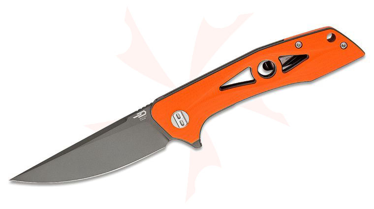 Bestech Knives Eye of Ra Flipper Knife 3.38 inch D2 Gray Titanium Blade, Milled Orange G10 Handles