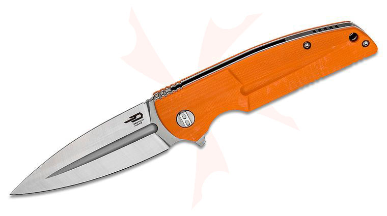 Bestech Knives Fin Flipper Knife 3.66 inch 14C28N Satin Spear Point Blade, Milled Contoured Orange G10 Handles