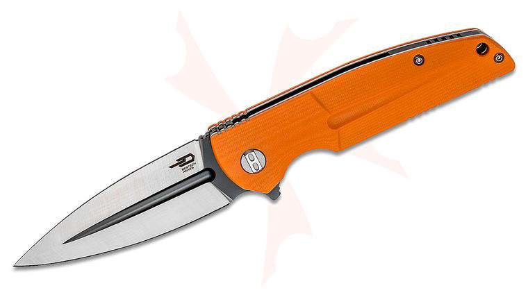Bestech Knives Fin Flipper Knife 3.66 inch 14C28N Two-Tone Spear Point Blade, Milled Contoured Orange G10 Handles