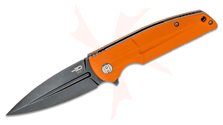 Bestech Knives Fin Flipper Knife 3.66 inch 14C28N Black Stonewashed Spear Point Blade, Milled Contoured Orange G10 Handles