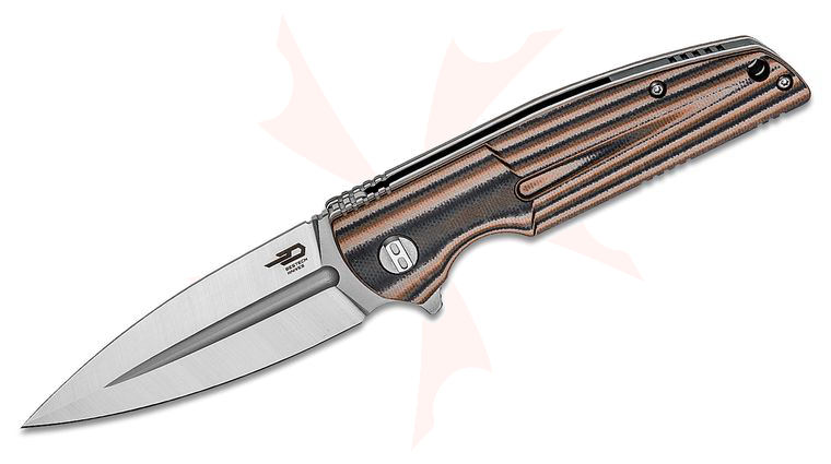 Bestech Knives Fin Flipper Knife 3.66 inch 14C28N Satin Spear Point Blade, Milled Contoured Black, Orange and Beige G10 Handles