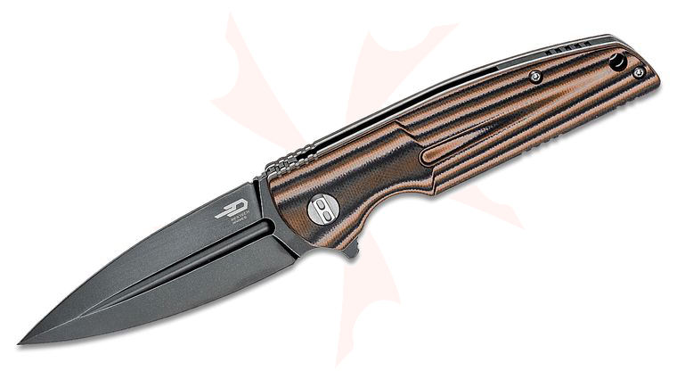 Bestech Knives Fin Flipper Knife 3.66 inch 14C28N Black Stonewashed Spear Point Blade, Milled Contoured Black, Orange and Beige G10 Handles
