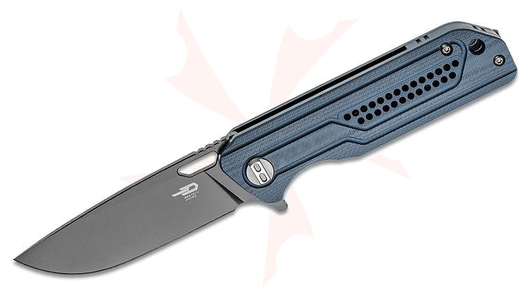Bestech Knives Circuit Flipper Knife 3.23 inch K110 (D2) Gray Titanium Drop Point Blade, Milled Contoured Gray (Blue) G10 Handles