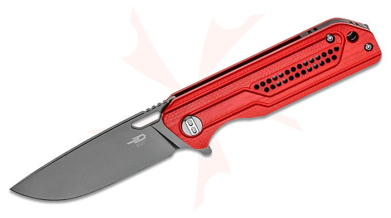 Bestech Knives Circuit Flipper Knife 3.23 inch K110 (D2) Gray Titanium Drop Point Blade, Milled Contoured Red G10 Handles