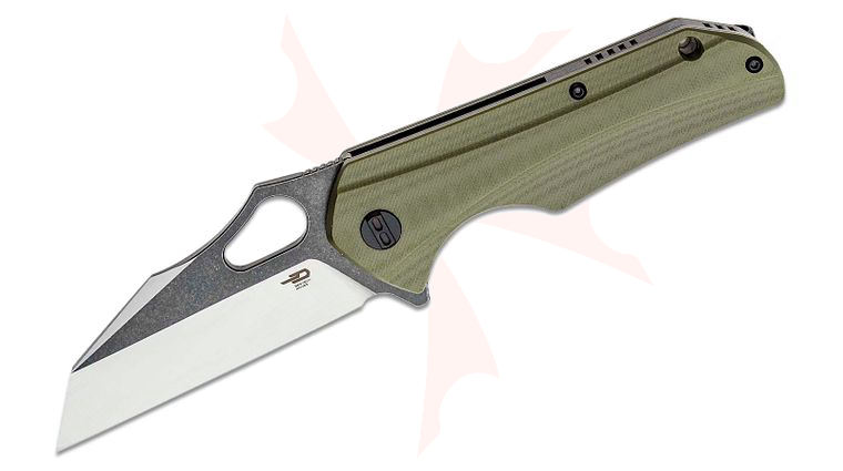 Bestech Knives Operator Flipper Knife 3.47 inch D2 Two-Tone Wharncliffe Blade, Milled OD Green G10 Handles