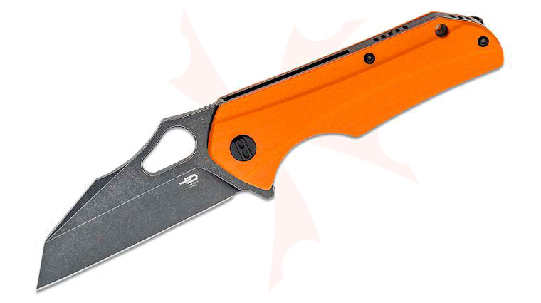 Bestech Knives Operator Flipper Knife 3.47 inch D2 Black Stonewashed Wharncliffe Blade, Milled Orange G10 Handles
