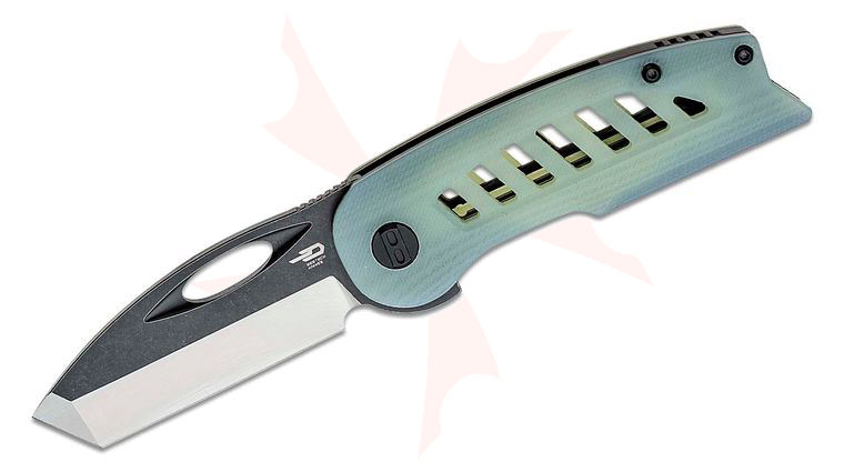 Bestech Knives Explorer Flipper Knife 2.87 inch D2 Two-Tone Tanto Blade, Milled Translucent Green G10 Handles