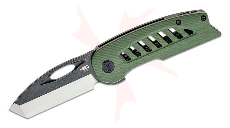 Bestech Knives Explorer Flipper Knife 2.87 inch D2 Two-Tone Tanto Blade, Milled Green G10 Handles