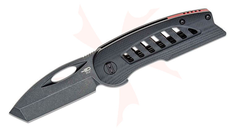 Bestech Knives Explorer Flipper Knife 2.87 inch D2 Black Stonewash Tanto Blade, Milled Black G10 Handles