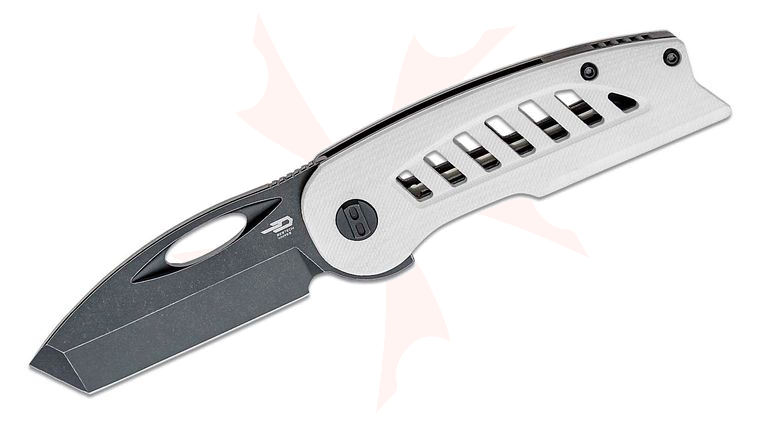Bestech Knives Explorer Flipper Knife 2.87 inch D2 Black Stonewash Tanto Blade, Milled White G10 Handles