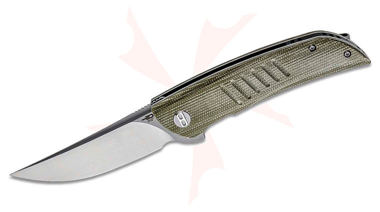 Bestech Knives Swift Flipper Knife 3.5 inch D2 Satin Clip Point Blade, Green Canvas Micarta Handles