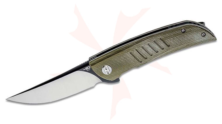 Bestech Knives Swift Flipper Knife 3.5 inch D2 Two-Tone Clip Point Blade, Green Canvas Micarta Handles