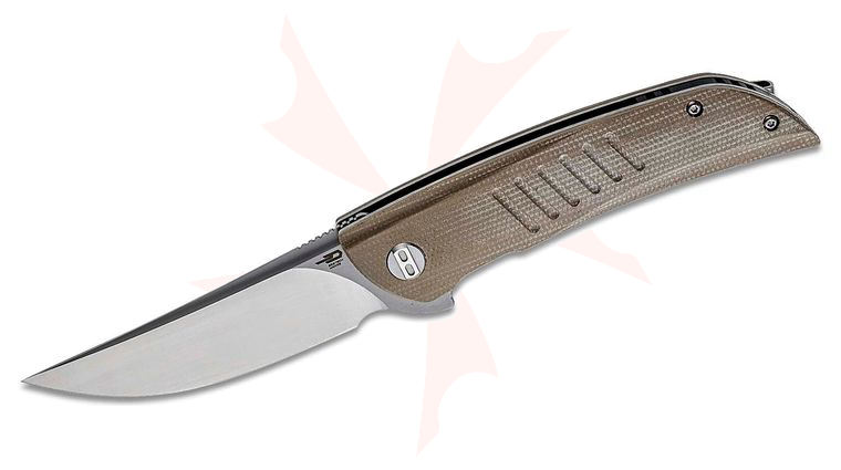Bestech Knives Swift Flipper Knife 3.5 inch D2 Satin Clip Point Blade, Beige Canvas Micarta Handles