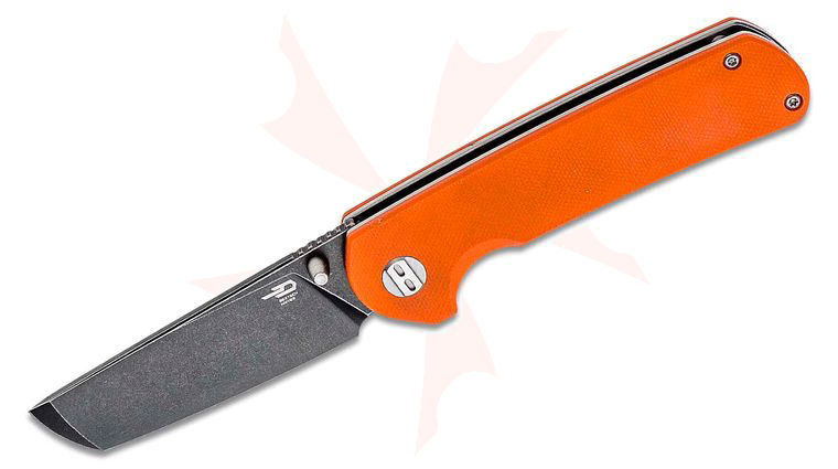 Bestech Knives Sledgehammer Folding Knife 3 inch D2 Black Stonewash Tanto Blade, Milled Orange G10 Handles
