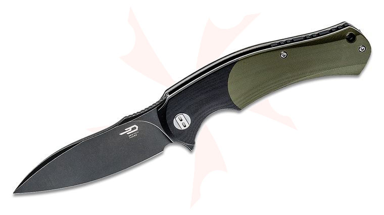 Bestech Knives Penguin Flipper Knife 3.62 inch D2 Black Stonewashed Blade, Black/Green G10 Handles